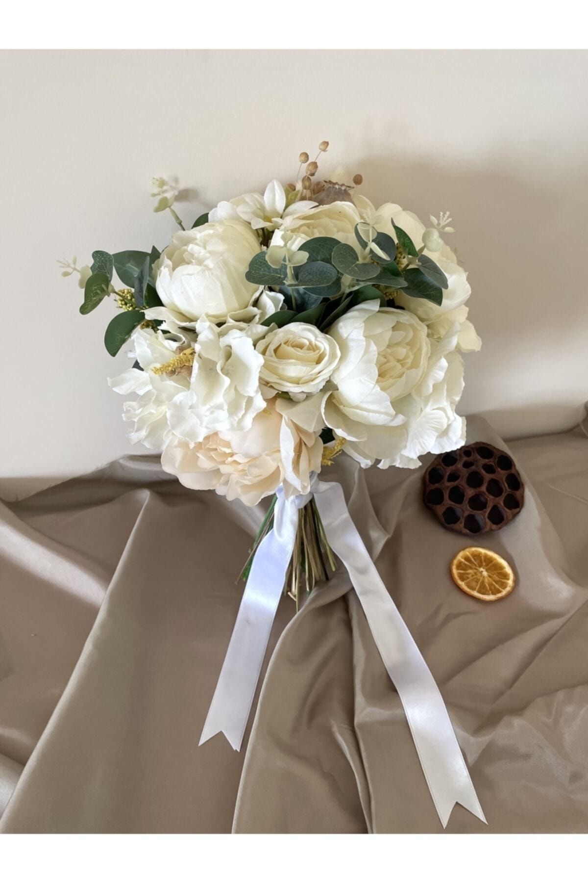 Off White - Cremefarbener Brautstrauß aus künstlichen und getrockneten Blumen - Ansteckblume des Bräutigams