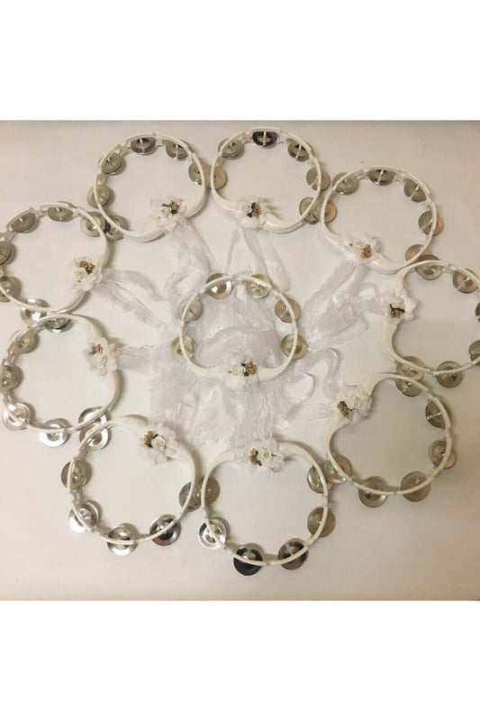 5 Adet Beyaz Çiçeklerle Süslenmiş Nedime Tefi Düğün Ve Kına Için Plastik Tef 1