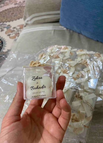 Özel Düğün Nikah Şekeri – Lüks Mini Çiçekli Bubble Mum Krem Kurdaleli Hediyelik (15 Adet)
