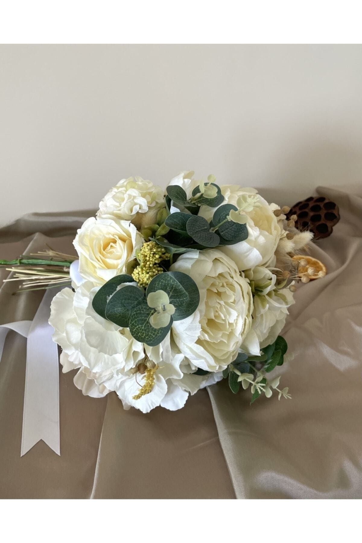 Off White - Cremefarbener Brautstrauß aus künstlichen und getrockneten Blumen - Ansteckblume des Bräutigams