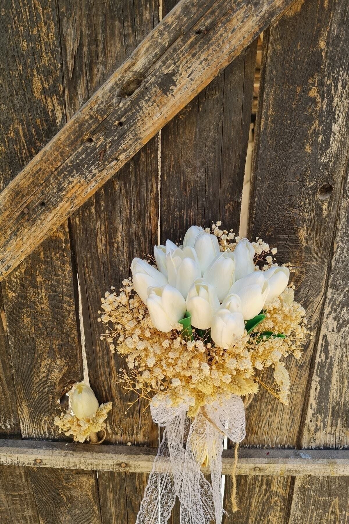 Brautstrauß Vogelmiere Weiß Farbe Nass Tulpe Bräutigam Boutonniere