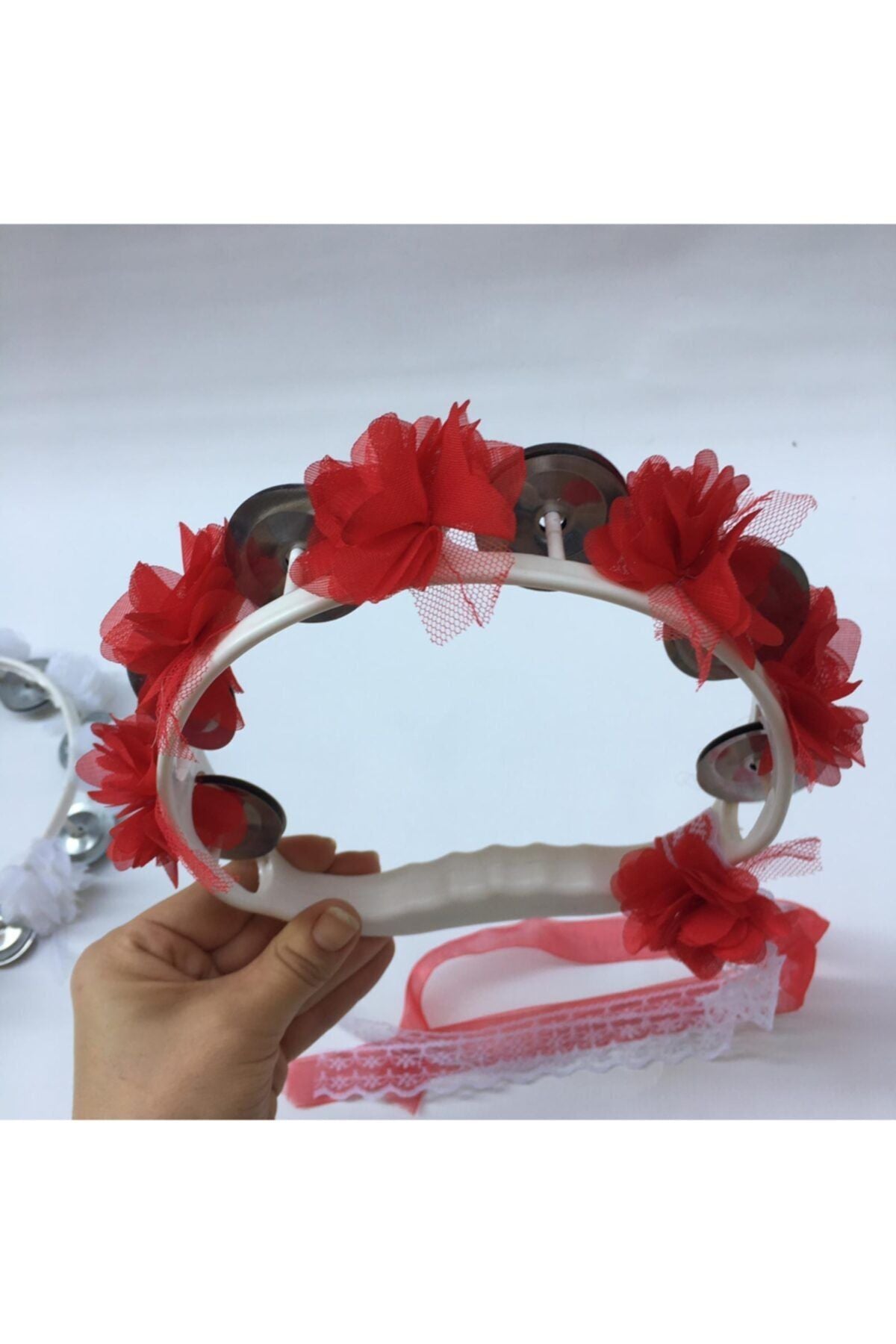 Kırmızı Çiçeklerle Süslenmiş Nedime Tefi Düğün Ve Kına Için Plastik Tef 10 Adet