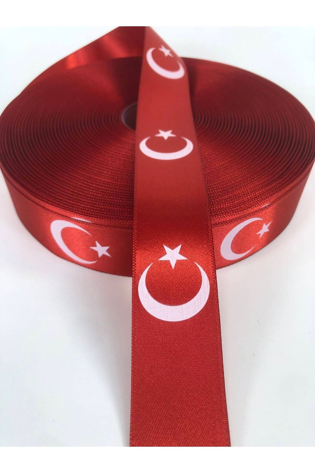 Ay Yıldız Desenli Kırmızı Saten  Kurdele 1 metre