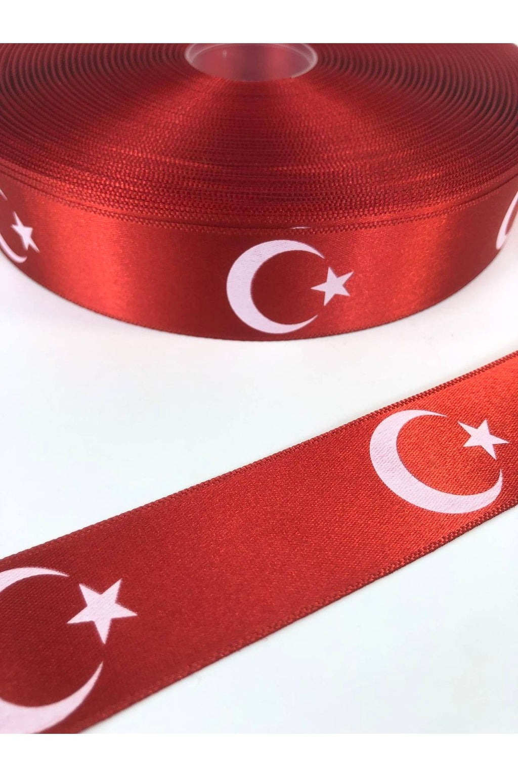 Ay Yıldız Desenli Kırmızı Saten  Kurdele 1 metre