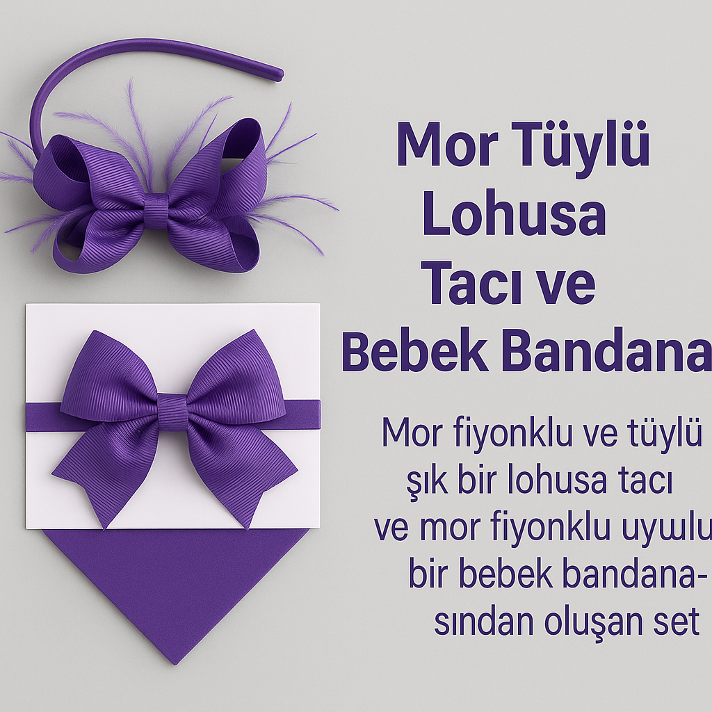 Fiyonklu Tüylü Lohusa Taçı ve Bebek Bandanası Seti – Renk Seçenekli Şık Anne Bebek Hastane Çıkışı Aksesuarı