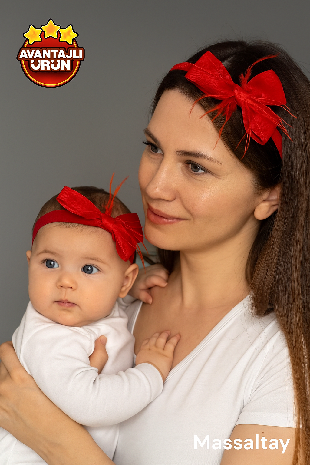 Kırmızı Fiyonklu Anne Lohusa Tacı ve Bebek Bandanası Seti – Hastane Çıkışı & Fotoğraf Çekimi Aksesuarı