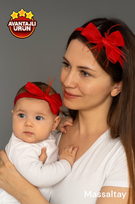 Kırmızı Fiyonklu Anne Lohusa Tacı ve Bebek Bandanası Seti – Hastane Çıkışı & Fotoğraf Çekimi Aksesuarı