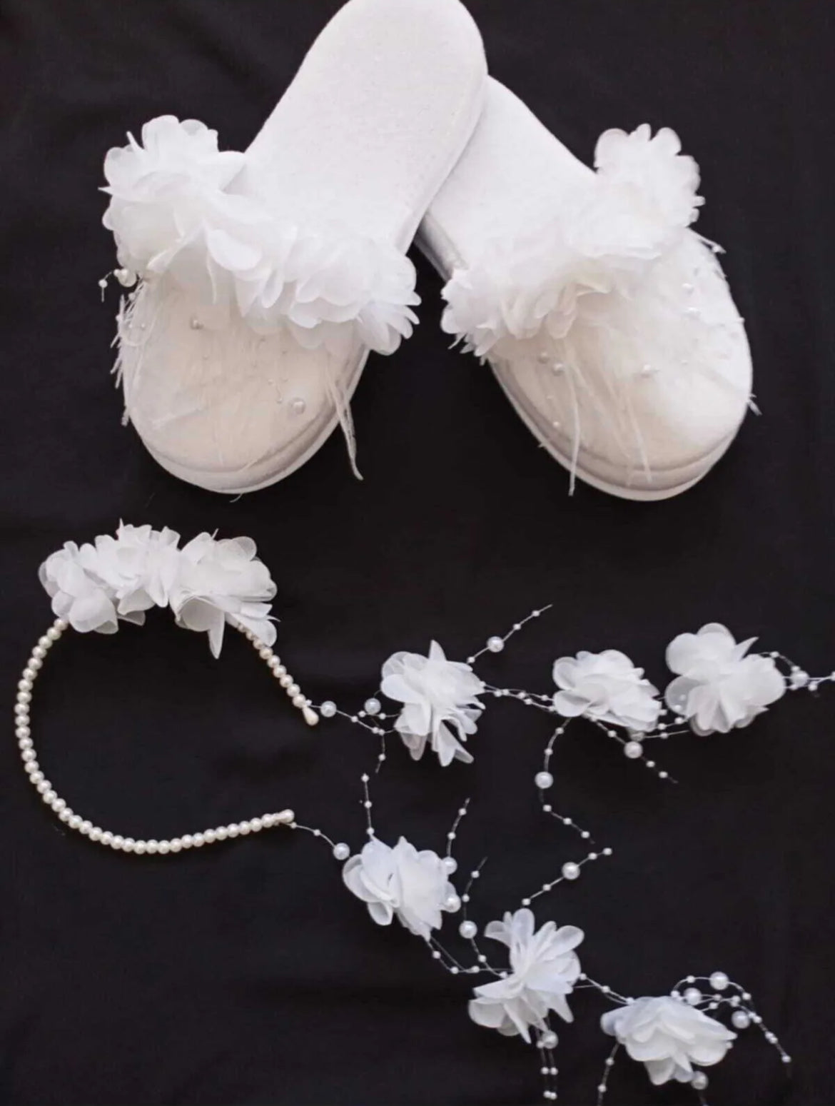 White Flowered Furry Maternity Slippers and Pearled Maternity Crown